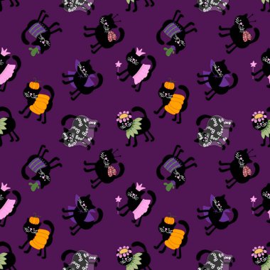 Cadılar Bayramı kara kedileri kıyafet baskısı, ambalaj kağıdı, defterler, aksesuarlar, kumaşlar, çocuklar ve şenlik için kusursuz desenler. Yüksek kaliteli illüstrasyon