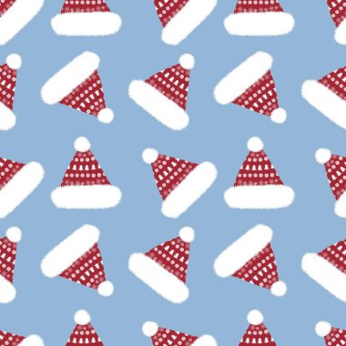 Winter Christmas seamless cartoon Santa hat pattern for kids wrapping paper and new year clothes print and accessories and notebooks and festive and linens and fabrics. High quality illustration