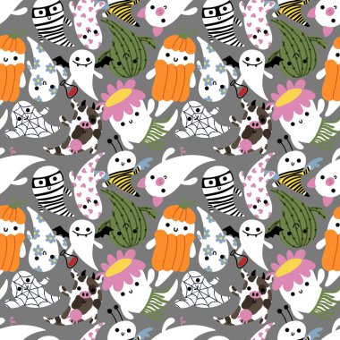 Cartoon Halloween seamless cute ghost pattern for festive wrapping paper and kids accessories and notebooks and fabrics and clothes print. High quality illustration