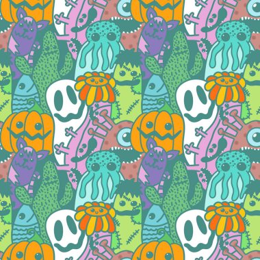 Halloween cartoon seamless doodle ghost and pumpkins and cactus and monsters pattern for wrapping paper and kids fabrics and clothes print and accessories and notebooks. High quality illustration