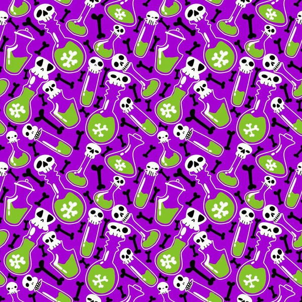 Cartoon Halloween Seamless Witch Poison Potion Sculls Bones Pattern Wrapping — 图库照片