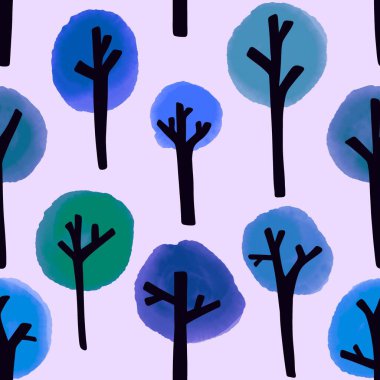Cartoon autumn forest seamless watercolor trees pattern for fabrics and wrapping paper and accessories and kids clothes print and school notebooks. High quality photo