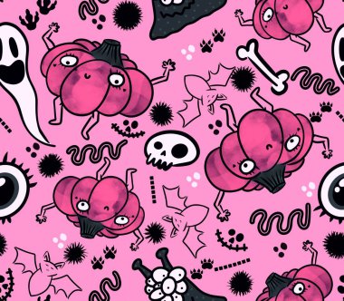 Cadılar Bayramı pürüzsüz balkabakları ve cadı şapkası kumaşlar için hayalet deseni ve ambalaj kağıdı ve kıyafet baskısı not defterleri ve aksesuarlar ve parti. Yüksek kaliteli illüstrasyon