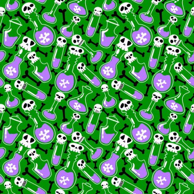 Cartoon Halloween seamless witch poison potion sculls bones pattern for wrapping paper and clothes print and kids accessories and notebooks and fabrics and festive. High quality illustration