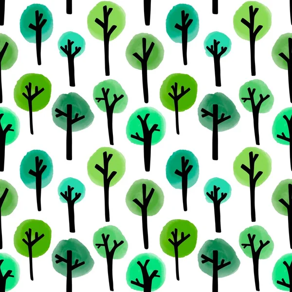 Cartoon Autumn Forest Seamless Watercolor Trees Pattern Fabrics Wrapping Paper — Fotografia de Stock