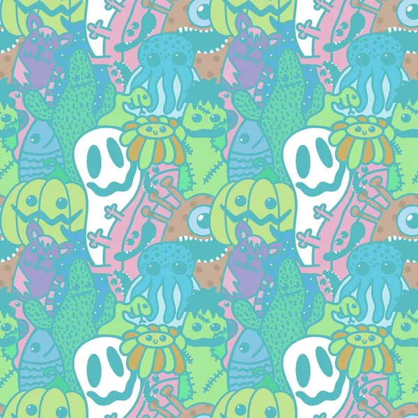 Halloween Cartoon Seamless Doodle Ghost Pumpkins Cactus Monsters Pattern Wrapping — Stok Foto