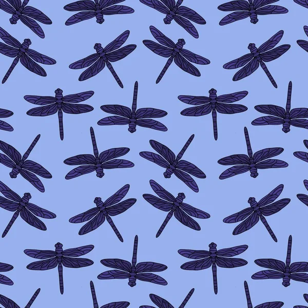 Cartoon Doodle Butterfly Seamless Dragonfly Line Art Pattern Wrapping Paper — Foto Stock