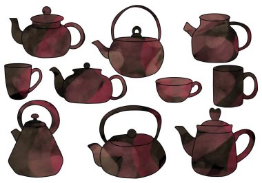 Çıkartmalar, ambalaj kağıtları, giysi baskıları, defterler, aksesuarlar ve süslemeler için çaydanlık çaydanlığı bardakları hazırlayın. Yüksek kaliteli illüstrasyon