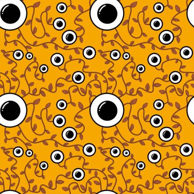 Halloween monsters aliens seamless eyes leaves pattern for wrapping paper and clothes kids print and accessories and notebooks and fabrics. High quality illustration