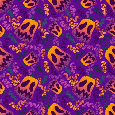 Halloween seamless pumpkins and witch hat and ghost pattern for fabrics and wrapping paper and clothes print and notebooks and accessories and party. High quality illustration