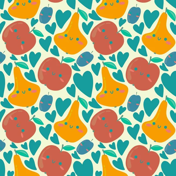 Autumn Cartoon Fruit Seamless Apples Plums Pears Pattern Kids Clothes — Stockfoto
