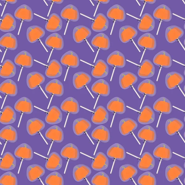 Cartoon sugar candy seamless Halloween pumpkins lollipop pattern for wrapping paper and kids clothes print and accessories and notebooks and fabrics. High quality illustration
