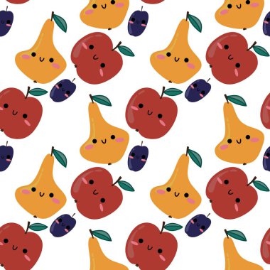 Autumn cartoon fruit seamless apples plums pears pattern for kids clothes print and accessories and wrapping paper and fabrics and kitchen. High quality illustration