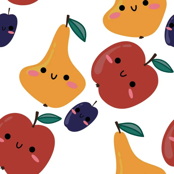 Autumn cartoon fruit seamless apples plums pears pattern for kids clothes print and accessories and wrapping paper and fabrics and kitchen. High quality illustration