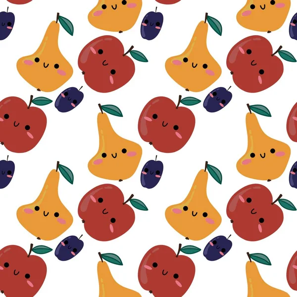 Autumn Cartoon Fruit Seamless Apples Plums Pears Pattern Kids Clothes — Stok fotoğraf