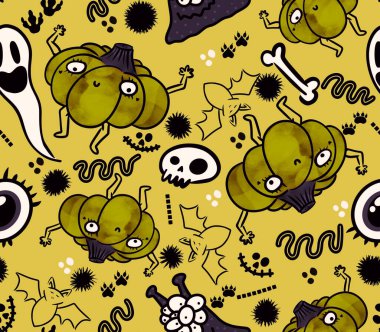 Cadılar Bayramı pürüzsüz balkabakları ve cadı şapkası kumaşlar için hayalet deseni ve ambalaj kağıdı ve kıyafet baskısı not defterleri ve aksesuarlar ve parti. Yüksek kaliteli illüstrasyon