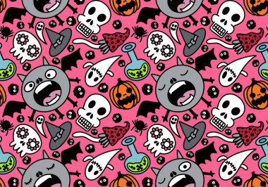 Cartoon Halloween seamless monster bats and sculls and pumpkins and ghost pattern for wrapping pattern and fabrics and accessories and notebooks and clothes print. High quality illustration