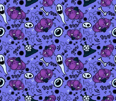 Cadılar Bayramı pürüzsüz balkabakları ve cadı şapkası kumaşlar için hayalet deseni ve ambalaj kağıdı ve kıyafet baskısı not defterleri ve aksesuarlar ve parti. Yüksek kaliteli illüstrasyon