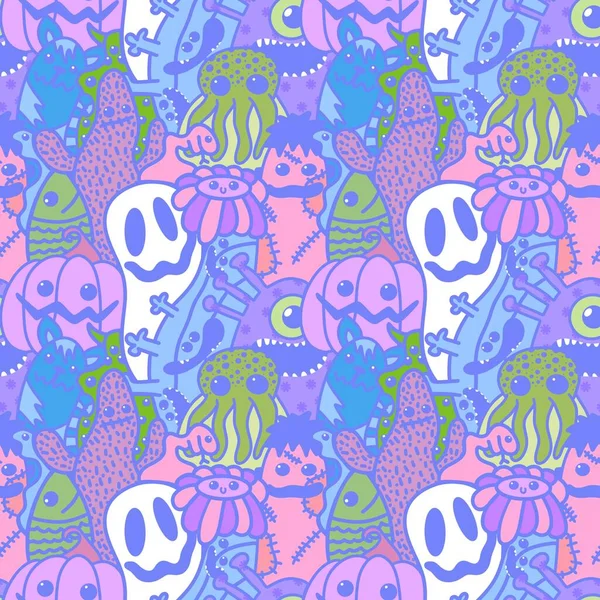Halloween Cartoon Seamless Doodle Ghost Pumpkins Cactus Monsters Pattern Wrapping — Photo