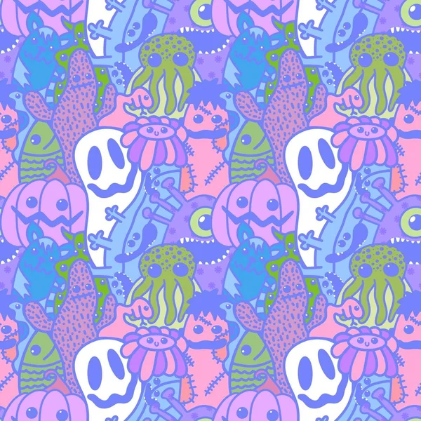 Halloween cartoon seamless doodle ghost and pumpkins and cactus and monsters pattern for wrapping paper and kids fabrics and clothes print and accessories and notebooks. High quality illustration