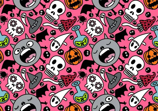Cartoon Halloween Seamless Monster Bats Sculls Pumpkins Ghost Pattern Wrapping — 图库照片