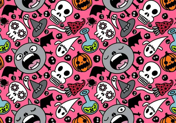 Cartoon Halloween seamless monster bats and sculls and pumpkins and ghost pattern for wrapping pattern and fabrics and accessories and notebooks and clothes print. High quality illustration