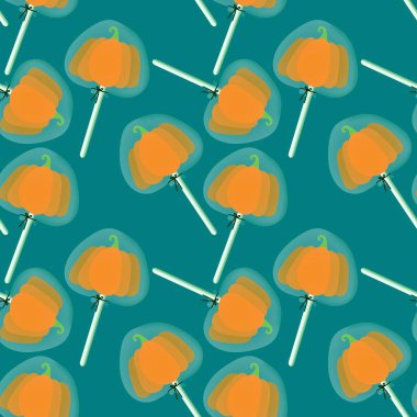 Cartoon sugar candy seamless Halloween pumpkins lollipop pattern for wrapping paper and kids clothes print and accessories and notebooks and fabrics. High quality illustration