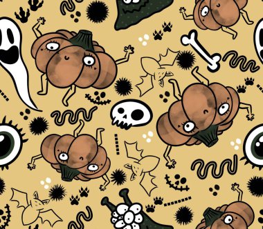 Cadılar Bayramı pürüzsüz balkabakları ve cadı şapkası kumaşlar için hayalet deseni ve ambalaj kağıdı ve kıyafet baskısı not defterleri ve aksesuarlar ve parti. Yüksek kaliteli illüstrasyon