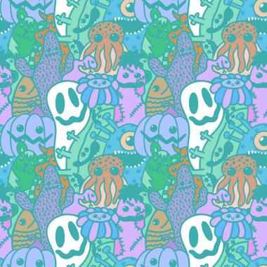 Halloween cartoon seamless doodle ghost and pumpkins and cactus and monsters pattern for wrapping paper and kids fabrics and clothes print and accessories and notebooks. High quality illustration