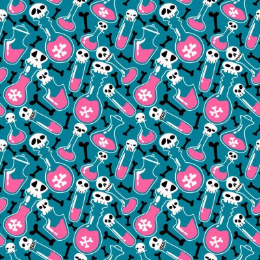 Cartoon Halloween seamless witch poison potion sculls bones pattern for wrapping paper and clothes print and kids accessories and notebooks and fabrics and festive. High quality illustration