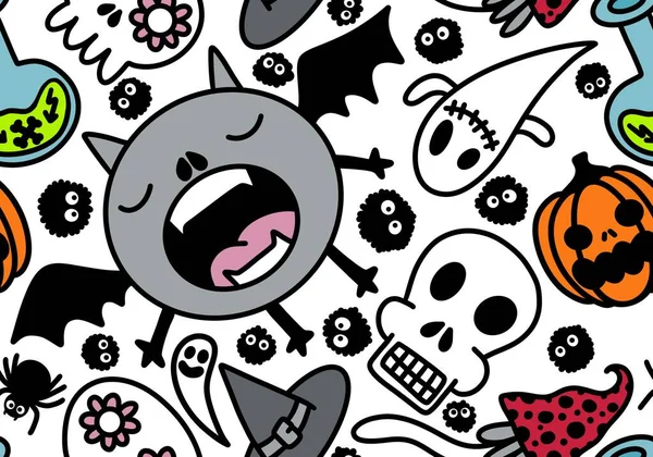 Cartoon Halloween Seamless Monster Bats Sculls Pumpkins Ghost Pattern Wrapping — 스톡 사진