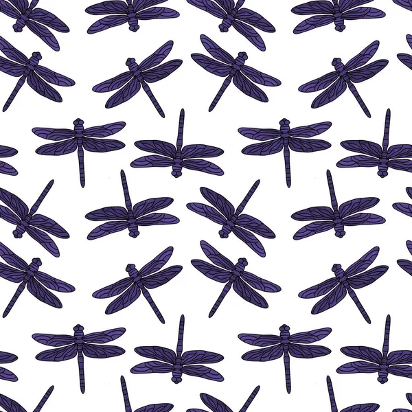 Cartoon Doodle Butterfly Seamless Dragonfly Line Art Pattern Wrapping Paper — Fotografia de Stock