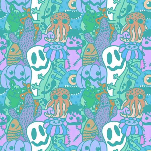 Halloween Cartoon Seamless Doodle Ghost Pumpkins Cactus Monsters Pattern Wrapping — Stockfoto