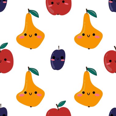 Autumn cartoon fruit seamless apples plums pears pattern for kids clothes print and accessories and wrapping paper and fabrics and kitchen. High quality illustration