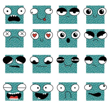 Set emotions monster with smile and sad for stickers and kids and study notebooks and fabrics and wrapping paper and Halloween festive accessories. High quality illustration