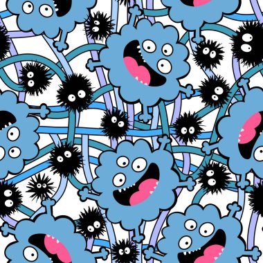Cartoon monsters aliens seamless kids emoticons pattern for wrapping paper and festive accessories and school notebooks and fabrics and Halloween. High quality illustration