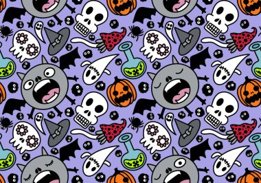 Cartoon Halloween seamless monster bats and sculls and pumpkins and ghost pattern for wrapping pattern and fabrics and accessories and notebooks and clothes print. High quality illustration