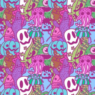 Halloween cartoon seamless doodle ghost and pumpkins and cactus and monsters pattern for wrapping paper and kids fabrics and clothes print and accessories and notebooks. High quality illustration