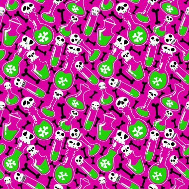 Cartoon Halloween seamless witch poison potion sculls bones pattern for wrapping paper and clothes print and kids accessories and notebooks and fabrics and festive. High quality illustration