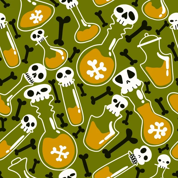Cartoon Halloween Seamless Witch Poison Potion Sculls Bones Pattern Wrapping — Stockfoto