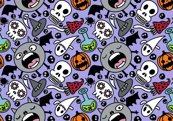 Cartoon Halloween seamless monster bats and sculls and pumpkins and ghost pattern for wrapping pattern and fabrics and accessories and notebooks and clothes print. High quality illustration
