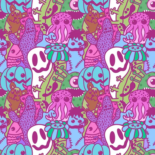 Halloween Cartoon Seamless Doodle Ghost Pumpkins Cactus Monsters Pattern Wrapping — Stok Foto