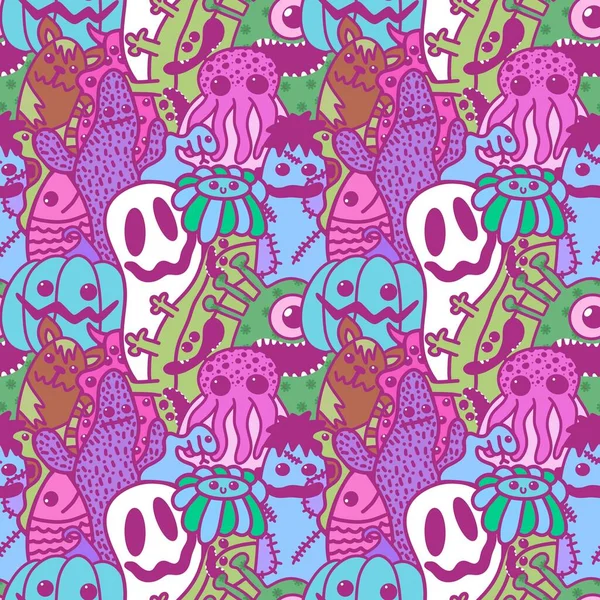 Halloween Cartoon Seamless Doodle Ghost Pumpkins Cactus Monsters Pattern Wrapping — 图库照片