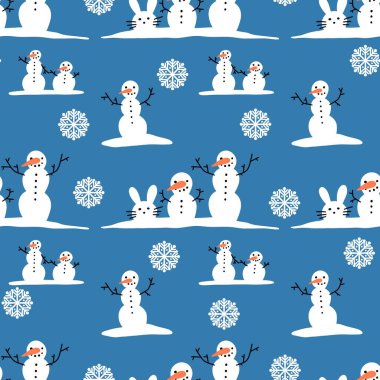 Noel ambalajı için kışın dikişsiz kardan adam ve kar taneleri deseni ve çocukların not defterleri, aksesuarları ve kumaşları. Yüksek kaliteli illüstrasyon