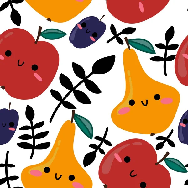 Autumn Cartoon Fruit Seamless Apples Plums Pears Pattern Kids Clothes — Stok fotoğraf
