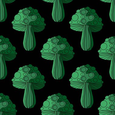 Autumn harvest Halloween fly agaric seamless cartoon mushrooms pattern for wrapping paper and kids clothes print and fabrics and accessories and linens and packaging. High quality illustration