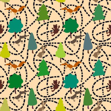 Animals and trees seamless autumn spring summer forest pattern for kids clothes and accessories and wrapping paper and notebooks and fabrics. High quality illustration