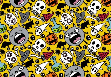 Cartoon Halloween seamless monster bats and sculls and pumpkins and ghost pattern for wrapping pattern and fabrics and accessories and notebooks and clothes print. High quality illustration