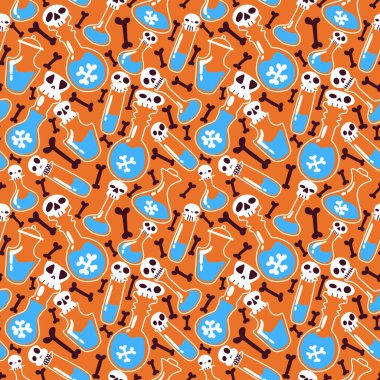 Cartoon Halloween seamless witch poison potion sculls bones pattern for wrapping paper and clothes print and kids accessories and notebooks and fabrics and festive. High quality illustration