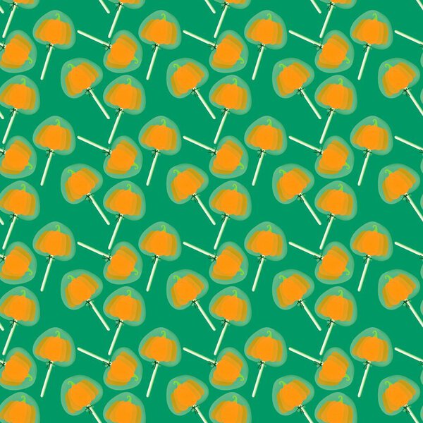 Cartoon sugar candy seamless Halloween pumpkins lollipop pattern for wrapping paper and kids clothes print and accessories and notebooks and fabrics. High quality illustration